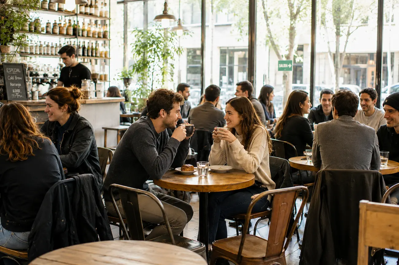 Pareja conversando en una cafetería